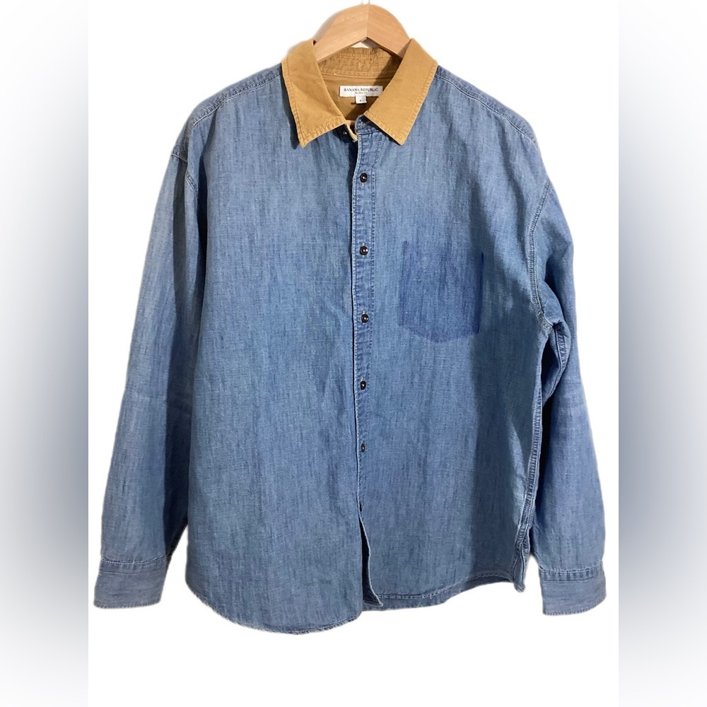 Banana Republic Relaxed Fit Corduroy Trim Chambray Shirt L - Picture 2 of 16